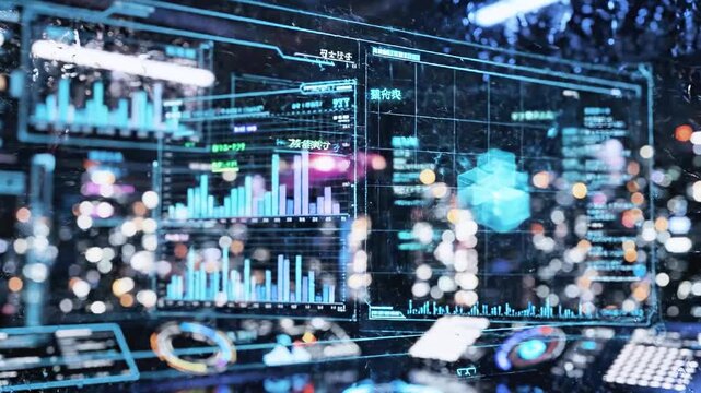 Futuristic digital display, with holographic data streams and city lights. Blue and pink neon color scheme