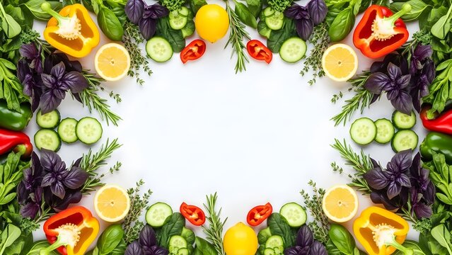 Vibrant fresh vegetable and herb border frame with copy space for healthy food and diet concepts