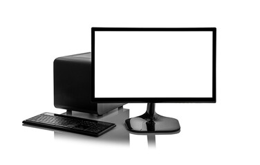A modern black desktop computer setup featuring a monitor with a blank white screen and a keyboard isolated on a white background with a reflection.
