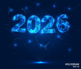 Hologram 2026. Lettering 2026 of polygons, triangles of points and lines. Christmas inscription low poly compound structure. The technology concept.