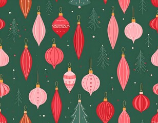 Festive Christmas Ornament Pattern on Green Background for Holiday Season Cheer