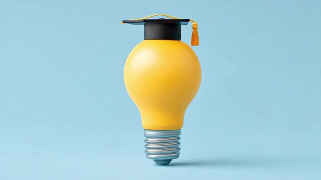 Creative light bulb design with graduation cap representing education, innovation, and bright ideas on blue background 4k video footage