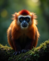Naklejka premium Striking portrait of a rare Red Colobus Monkey with a vibrant red crest, looking intently at the camera while perched on a tree branch in its natural habitat.