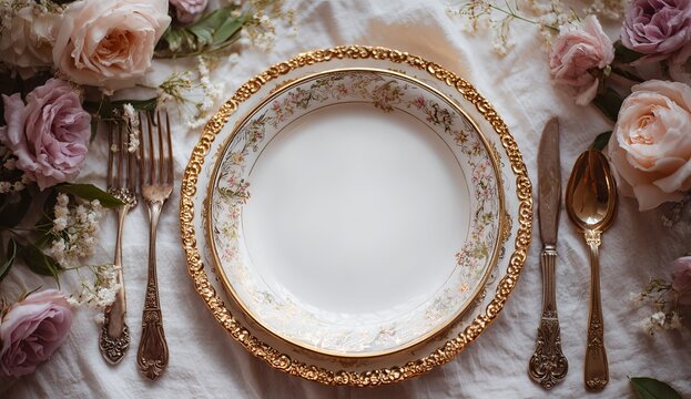 Elegant Table Setting with Floral Accents and Gold Trimmed China