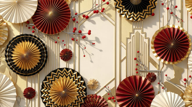 水引 Mizuhiki 003d1 Wa-Modern Mizuhiki-style Motifs and Art Deco Geometric Background（和モダンな水引風モチーフとアールデコ調の幾何学背景）