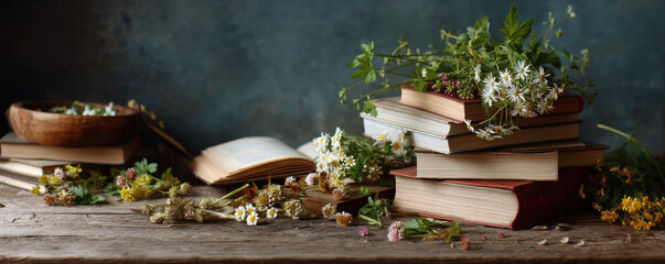 Vintage books and old papers on rustic table natural setting captivating still life concept