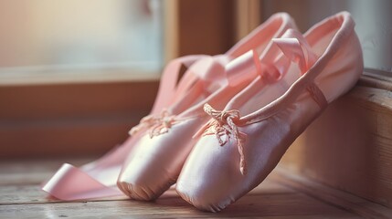Two pink ballet slippers with ribbons tied to them. The ribbon is tied in a bow