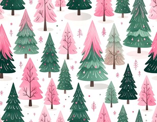 Festive Holiday Pattern with Pink and Green Christmas Trees on White Background