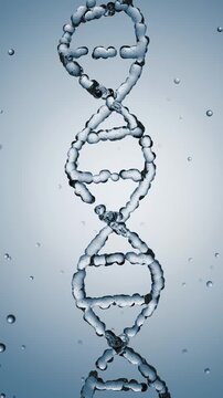 3D animation of crystal DNA helix strands with sparkling light and water texture. Perfect for skincare, cosmetic science, anti-aging concepts, and biotechnology projects.
