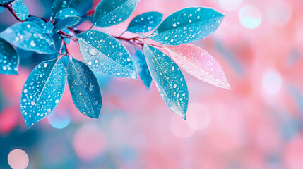 Fototapeta premium Vibrant Teal and Cerulean Leaves Adorned with Shimmering Dewdrops Against Dreamy Pink and Blue Bokeh Background, Evoking Ethereal Natural Beauty