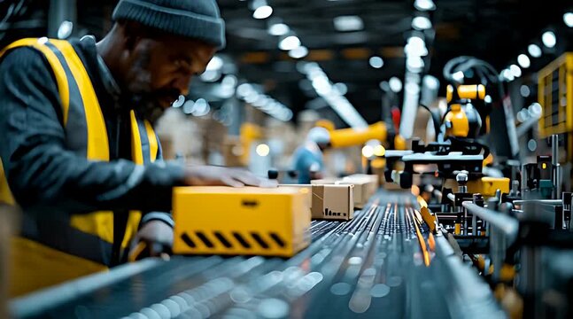 Focused African American factory worker inspecting cardboard boxes on a conveyor belt in a modern industrial logistics center
