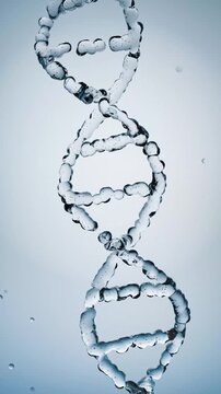 3D animation of crystal DNA helix strands formimg from bubbles. Perfect for skincare, cosmetic science, anti-aging concepts, and biotechnology projects.