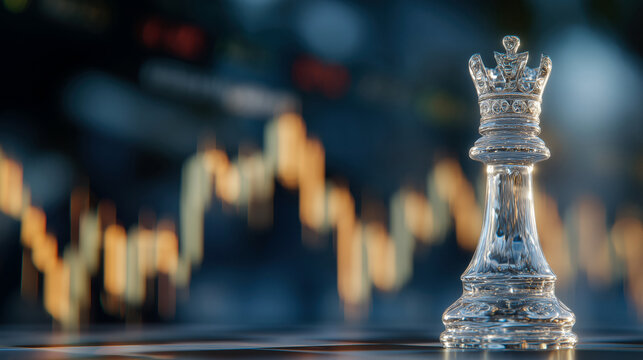 Glass Queen Chess Piece on Chessboard with Blurred Stock Market Data and Chart Background - Powered by Adobe