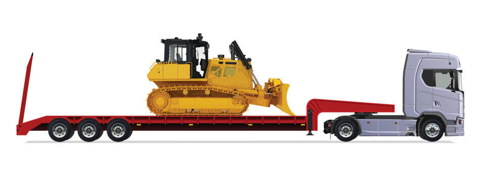 truck side view trailer load semi road haul dig big large long lorry bulldozer icon design template work build auto under work power drive carry cargo wheel mover


