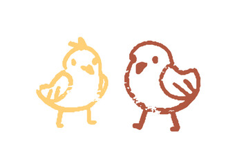 Chid doodles of cute chicks. Funny crayon scribbles of baby birds, happy little birdies. Kids' chalk wall art of farm animals. Hand drawn outline isolated vector illustration on white background