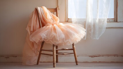 Chair with a white skirt draped over it. The chair is in front of a window