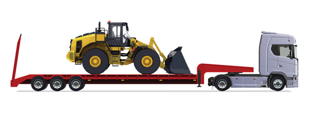 truck side view trailer load semi road haul dig big large long lorry bulldozer icon design template work build auto under work power drive carry cargo wheel mover    © Afc