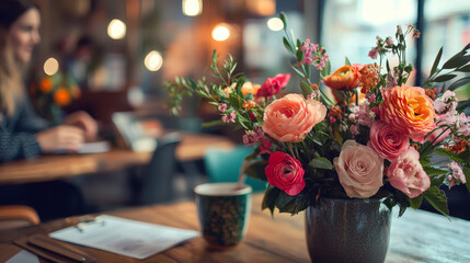 Colorful flowers adorn a cozy cafe table while a person writes in a notebook amidst warm, inviting ambiance