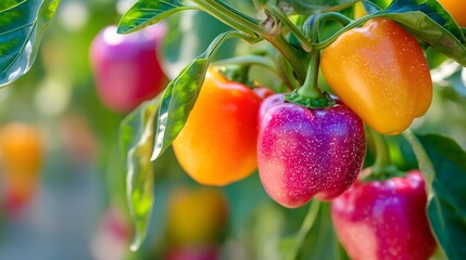 Bunch of peppers hanging from a plant. The peppers are red, yellow, and orange. The peppers are ripe and ready to be picked