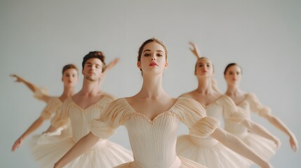 Group of five female ballet dancers are wearing white costumes and standing in a line. Concept of unity and harmony among the dancers, as they all appear to be in sync with each other