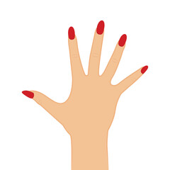 Woman back hand with red nails on white background