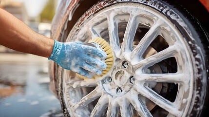 Man is washing a car wheel with a brush. The wheel is covered in white foam. The man is wearing blue gloves