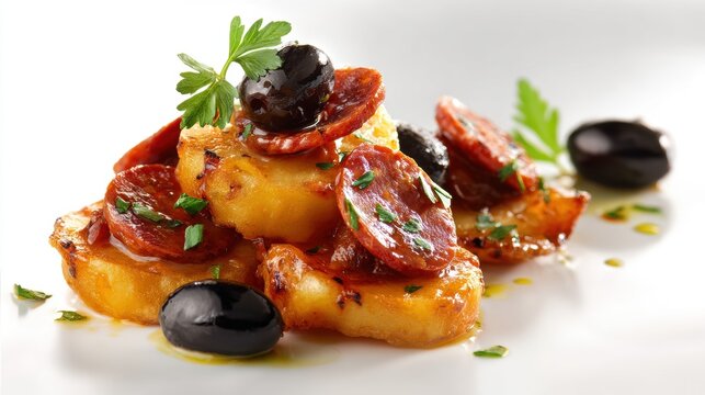 Appetizing Spanish tapas with fried potatoes, chorizo, and olives