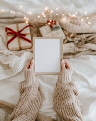 Cozy Christmas mockup with hands holding wooden frame on warm knitted blanket