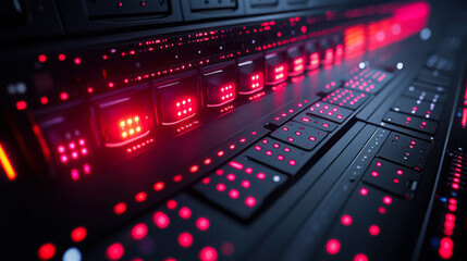 Control panel features illuminated buttons and indicators during a live broadcast from a modern studio