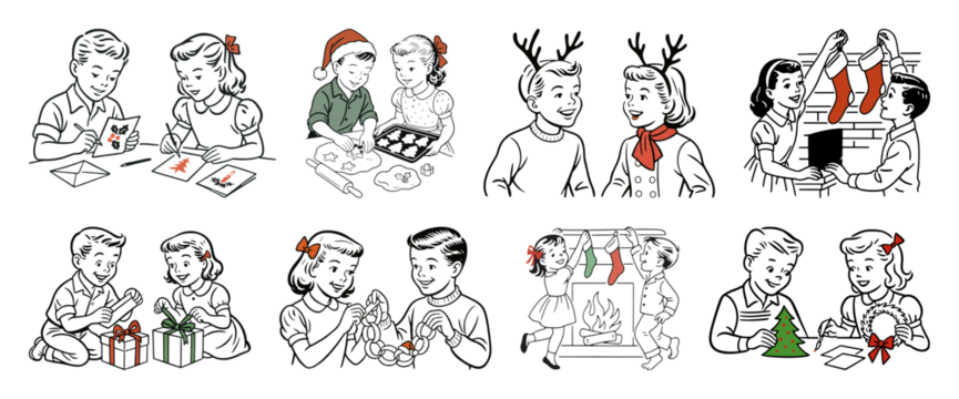 PNG Vintage holiday children illustrations, transparent background