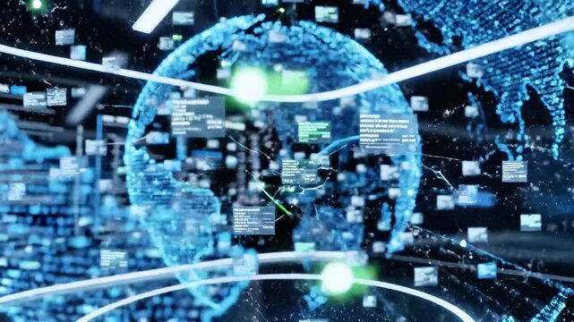 Futuristic digital globe with data streams and code, glowing blue against a dark backdrop - Powered by Adobe