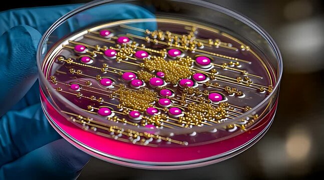 Scientist hand holding petri dish with stylized golden and pink bacterial colonies on agar medium