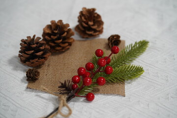 Natural Christmas Decor with Pinecones, Red Berries, Green Leaves, and Burlap on a White Background for Holiday Celebrations and Festive Arrangements