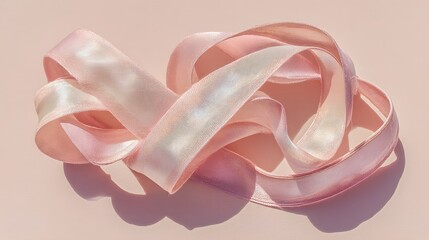 Pink ribbon is curled up on a table. The ribbon is made of a shiny material and has a wavy texture. The ribbon is not tied, and it is a decorative item. The image has a soft and elegant mood