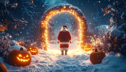 Santa Claus amidst snowy Halloween pumpkins and a glowing portal, dreaming of bridging holidays with festive cheer and a touch of winter magic