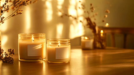 Soft candlelight creates a warm and tranquil atmosphere in a cozy indoor space filled with natural decor