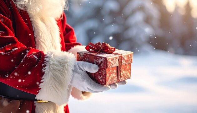 Santa Claus offers a festive red gift box in a snowy winter wonderland, spreading joy and holiday cheer this Christmas season for everyone - Powered by Adobe