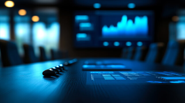 Conference room with modern technology displays charts and data for business meeting