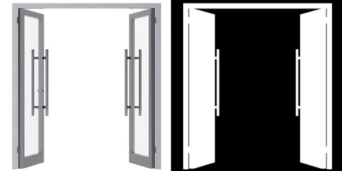 3D rendering illustration of a double glass door with pull handles