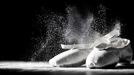 Pair of white ballet shoes are covered in powder. The shoes are on a table and the powder is covering them