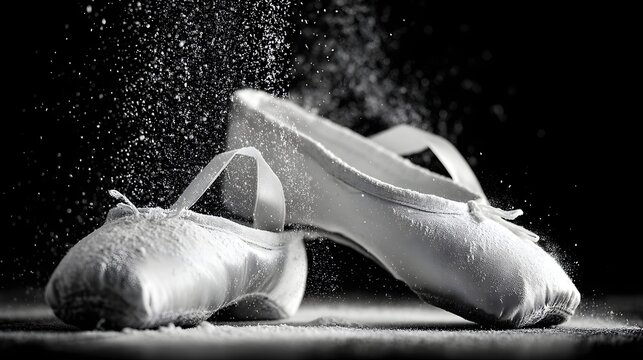 Two white ballet shoes with powder on them. The shoes are in the air and the powder is falling on them