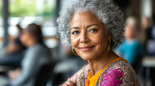 Woman with curly gray hair smiles warmly in a social gathering at a cafe during the afternoon