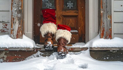 Santa's boots standing on a snow-covered porch, ready to deliver holiday cheer and Christmas magic during a festive winter season