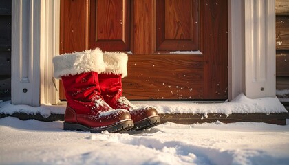 Santa's boots sit covered in snow outside a cozy home on Christmas Eve, waiting for the jolly man to come inside with gifts and cheer