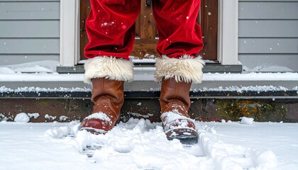 Santa's boots leave snowy footprints on a Christmas Eve visit delivering joy and gifts, creating a magical holiday scene for children and families