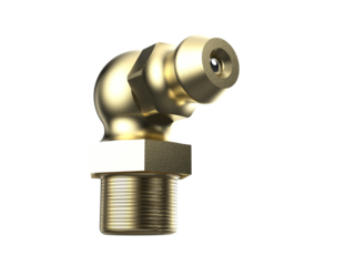 High-Quality 3D Render of a Brass 90-Degree Elbow Zerk Grease Fitting for Hydraulic and Industrial Lubrication Systems, Isolated on PNG Transparent Background for Professional Engineering Design.