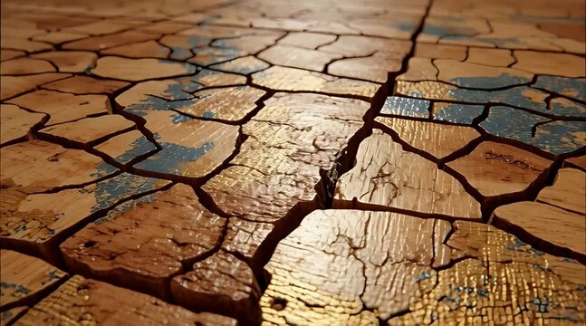Macro view of cracked and peeling gold and blue paint texture on a weathered surface