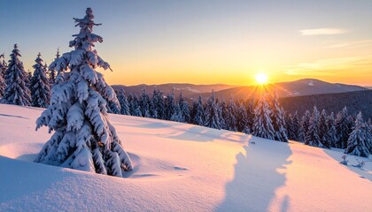 Breathtaking winter wonderland sunset with snow covered trees and majestic mountain views, perfect for travel, holidays, and creating a serene atmosphere