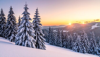 Stunning winter wonderland landscape with snow covered trees and vibrant sunset, perfect for travel blogs, holiday promotions, and serene nature backgrounds