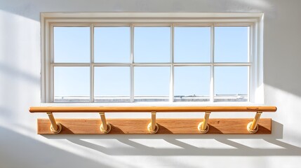 Wooden rack with five hooks is mounted on a window sill. The rack is made of wood and has a gold finish. The window is open, allowing sunlight to shine through and illuminate the room